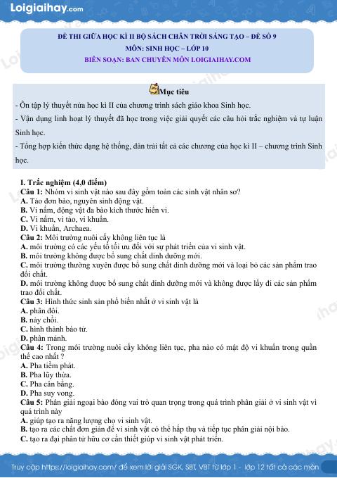 Đề thi giữa học kì 2 Sinh 10 Chân trời sáng tạo - Đề số 9